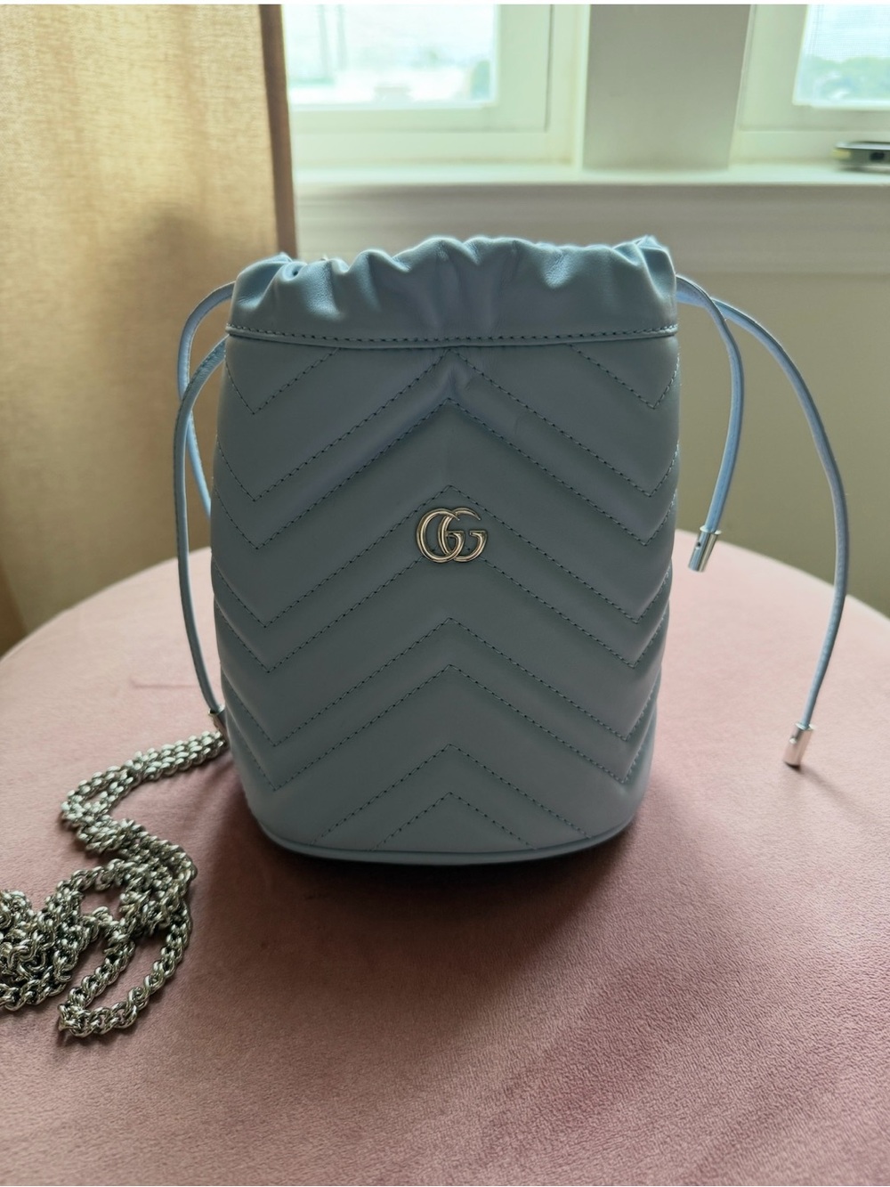Gucci Mini Quilted Drawstring Bucket Bag in Light Blue
